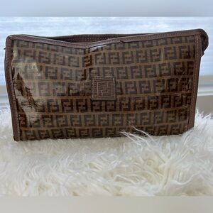 VINTAGE Fendi Brown FF Logo Cosmetics Bag / Clutch